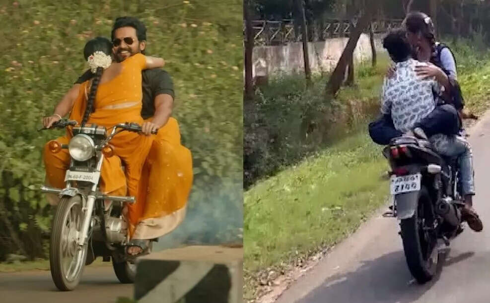 விருமன் பட பாணியில் பைக்கில் சென்ற காதல் ஜோடி!!