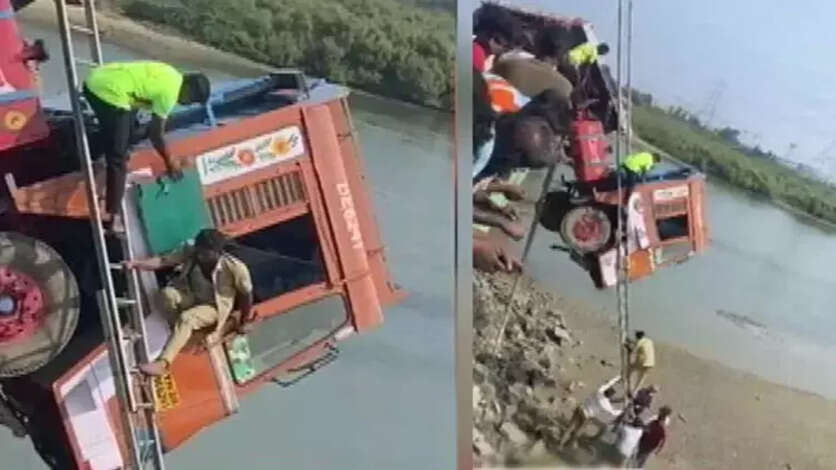 தடுப்பு சுவரில் மோதி அந்தரத்தில் தொங்கிய கண்டெய்னர் லாரி...!