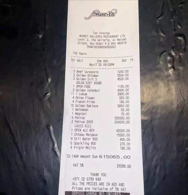 என்னப்பா சொல்றீங்க..!! ஒரு வேளை சாப்பிட்ட நபருக்கு ரூ.1 கோடி 30 லட்சம் பில்..!!