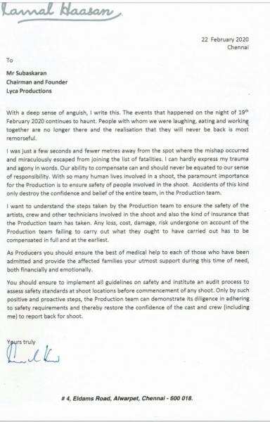 படப்பிடிப்பில் விபத்து நேர்ந்தால் தயாரிப்பு நிறுவனம் தான் பொறுப்பு!! லைகாவுக்கு கமல் கடிதம்!!