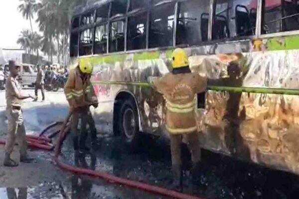 ஓடும் பேருந்தில் தீ! வெடித்து சிதறிய கண்ணாடிகள்!