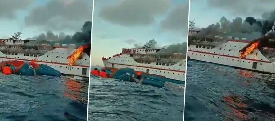 தீப்பிடித்து எரியும் கப்பல்.. கடலில் குதித்து உயிர்தப்பும் பயணிகள் ! வீடியோ