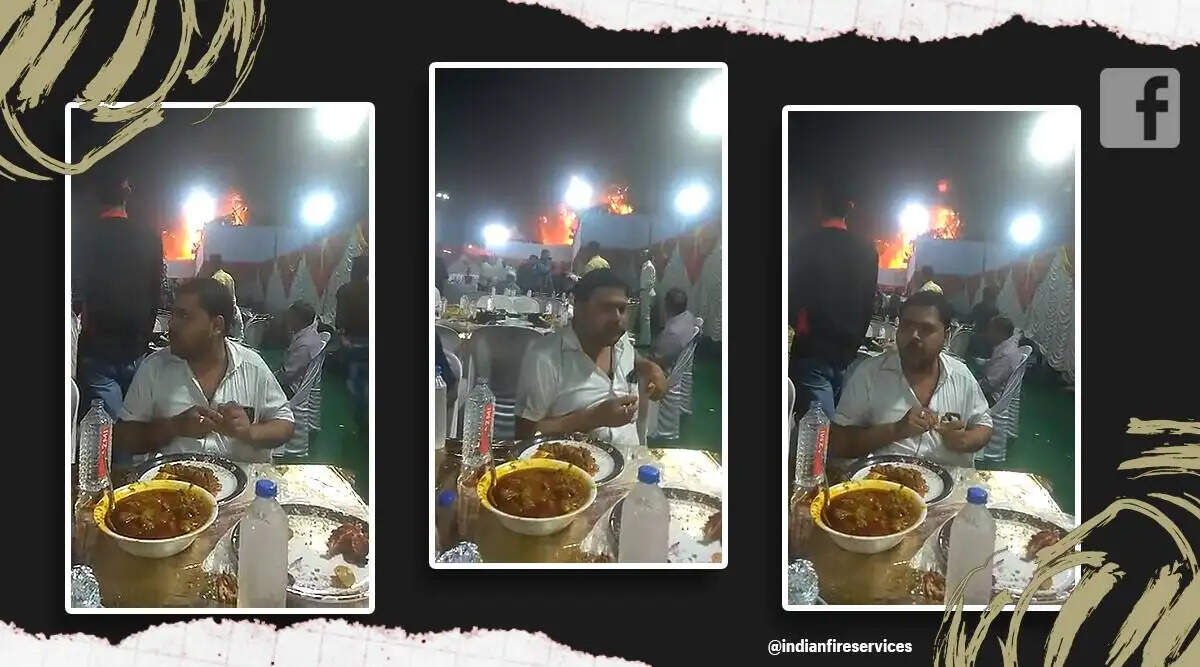 திருமண மண்டபத்தில் தீ விபத்து... அசராமல் சாப்பிடும் உணவுப் பிரியர்கள்!! வைரல் வீடியோ