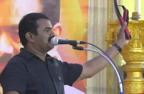 திமுக தான் பச்சை சங்கி''.. மேடையிலேயே செருப்பை கழற்றி விமர்சித்த சீமான்..