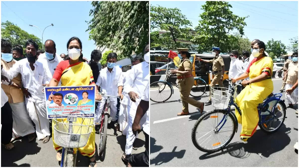 சைக்கிள் ஓட்டி வந்த பிரேமலதா விஜயகாந்த்..! எதற்காக தெரியுமா..?