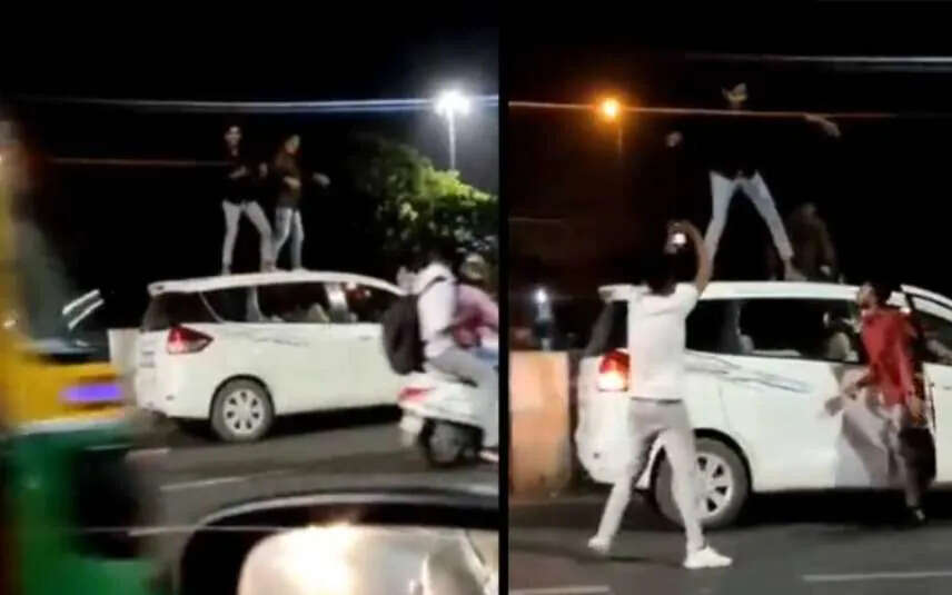ஓடும் காரின் மேல் போதையில் நடனமாடிய இளைஞர்கள்!!