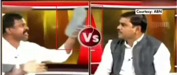 பாஜக தலைவர் மீது செருப்பு வீச்சு..! வைரலாகும் வீடியோ!! நேரடி ஒளிபரப்பில் நேர்ந்த அதிர்ச்சி!