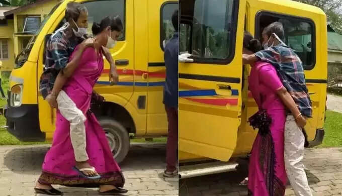 கொரோனா பாதித்த மாமனாரை முதுகில் சுமந்து சென்ற மருமகள்..!