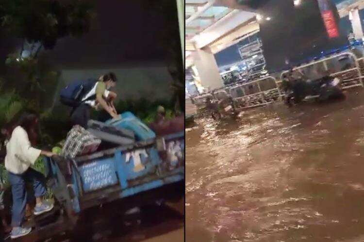 கொட்டும் கனமழையால் வெள்ளத்தில் மிதக்கும் விமான நிலையம்.. டிராக்டரில் சென்ற பயணிகள் !!