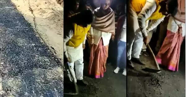 திறப்புவிழா அன்றே சாலை உடைந்து விரிசல்.. தேங்காய் உடைக்க சிதறியது சாலை..!!